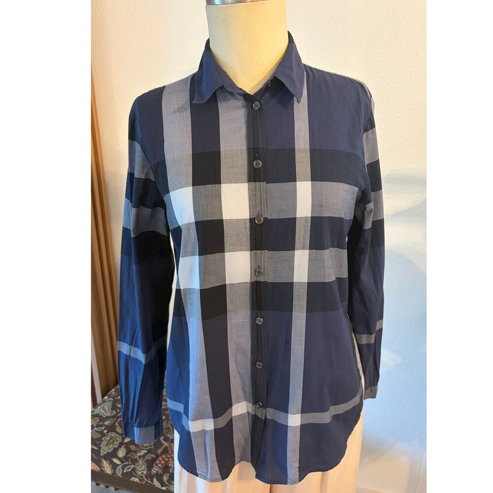 Burberry London Women’s Navy Blue Check Plaid Button Down Shirt 100% Cotton